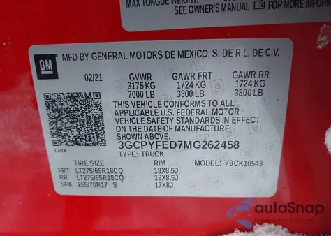 2021 Chevrolet Silverado 1500 4Wd Short Bed Lt Trail Boss z USA, uszkodzony, nr VIN 3GCPYFED7MG262458